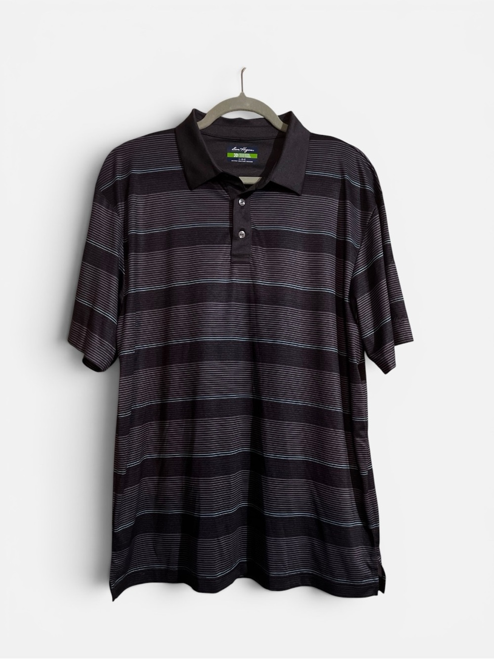Ben Hogan Performance Golf Polo Shirt L Charcoal Gray and Light Blue Stripes